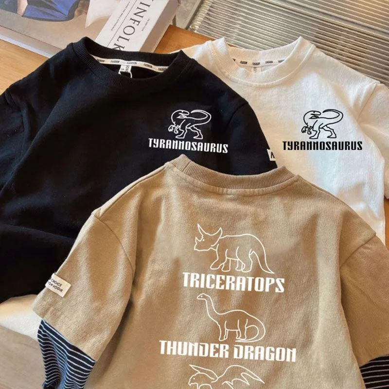 2025 Spring and Autumn Children's Long Sleeve Tees Fake Two Piece Girl's Sweatershirt 1-7Y Boys Casual Loose Pullover Dino Tops 4