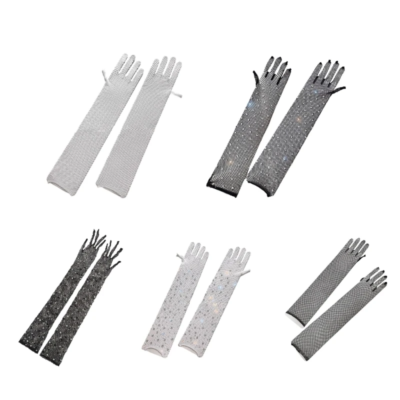 

F42F 1 Pair Sexy Elastic Rhinestones Long Arm Sleeves Gloves Punk Accessories