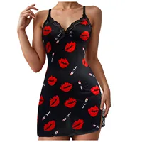 Valentine'S Day Red Lip Print Satin Slip Nightdress For Women V Neck Backless Mini Sleep Dress Women's Sleepwear Silky Dresses