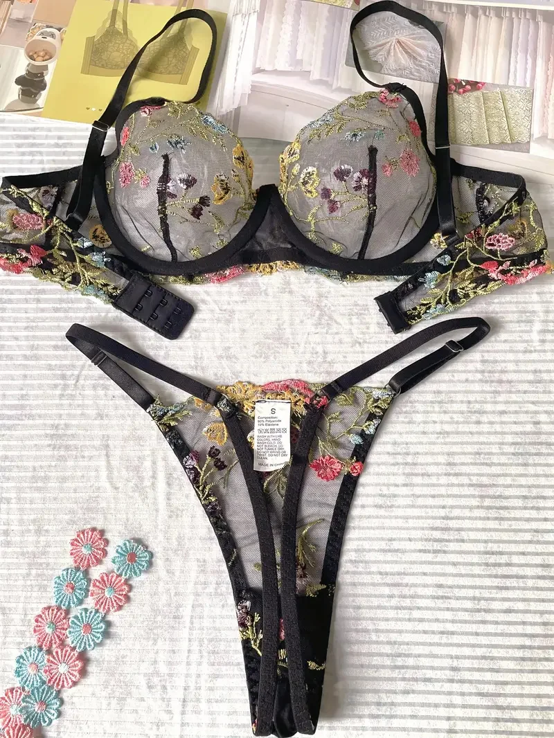 thumbnail image 1 of Conjunto de lencería con bordado floral Yimunancy para mujer, conjunto de sujetador y braguita estilo bohemio transparente de 2 piezas, ropa interior íntima, 1 of 5