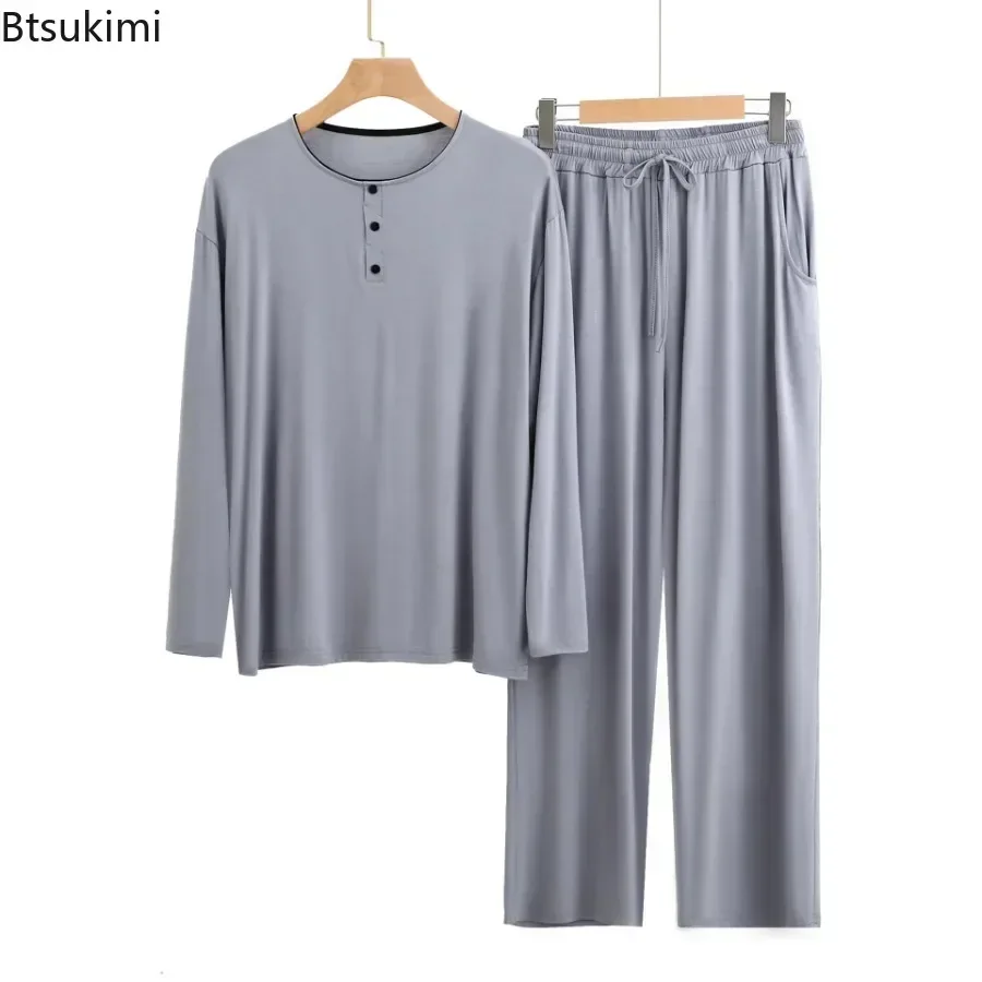 Modal Pajama Sets Men's Long Sleeve Henley Shirt Tops and Pants Home Two Pieces Soft Cozy Sleepwear Outfits Loungewear Male pajamas set man pajamas set