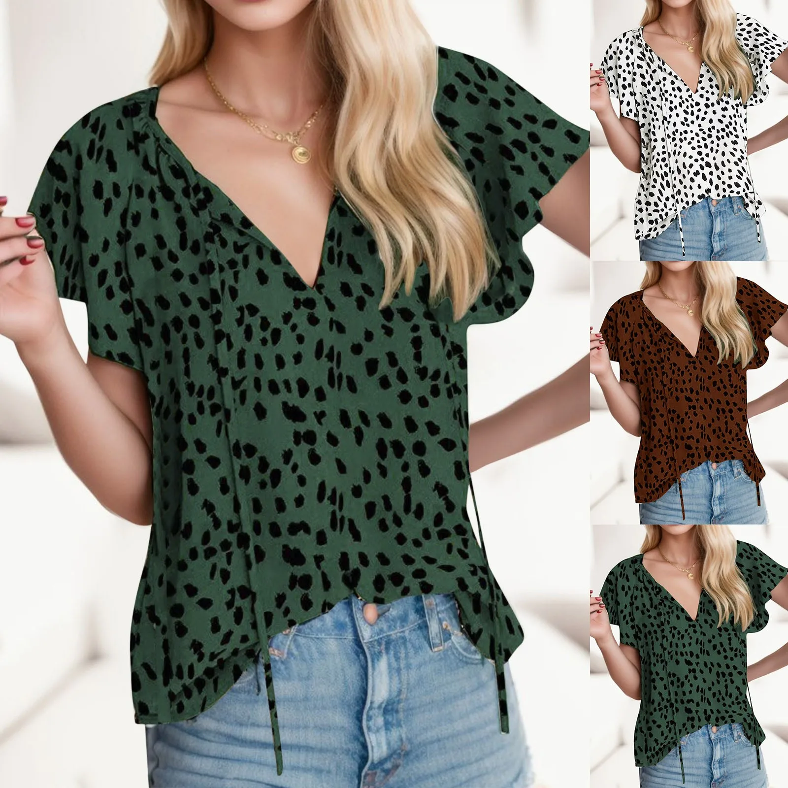 

Leopard Print Rufflees Sleeves Women Blouse Fashion V Neck Lace Up Short Sleeve Loose Shirts Lady Office Shirts Pullover Blusas