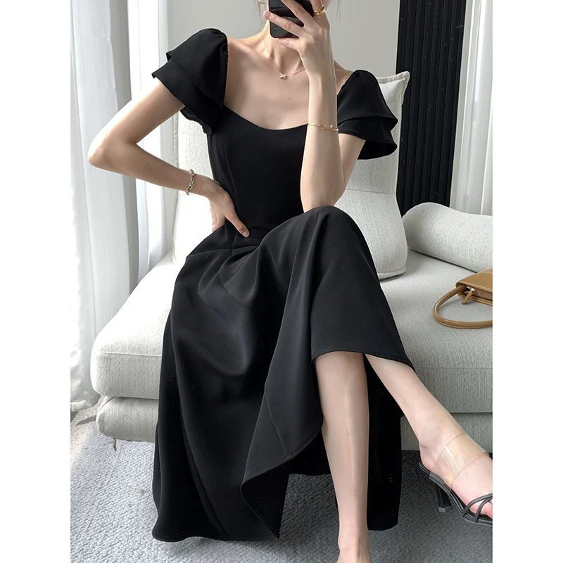 

Summer Black Elegant Preppy Style A-line Dress Women Short Sleeve Waist Fashion Vestidos Dresses Robe Femme Chic Female Clothes