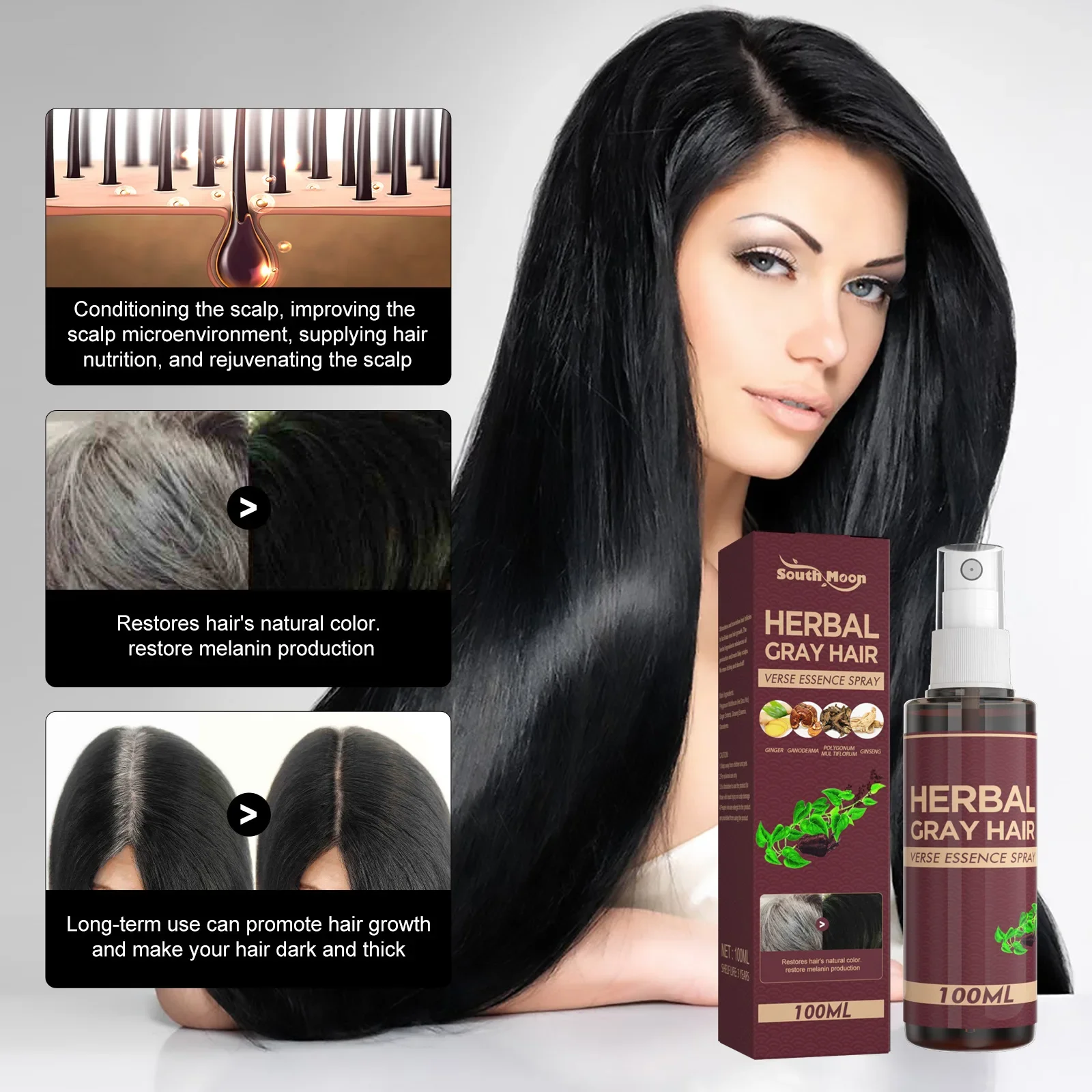 Description Picture 4 of item100ml Hair Darkening Spray Anti White  Herbal Hair Care Serum Blacken Hair Reduce Gray  Scalp Nourish Glitter  Spray