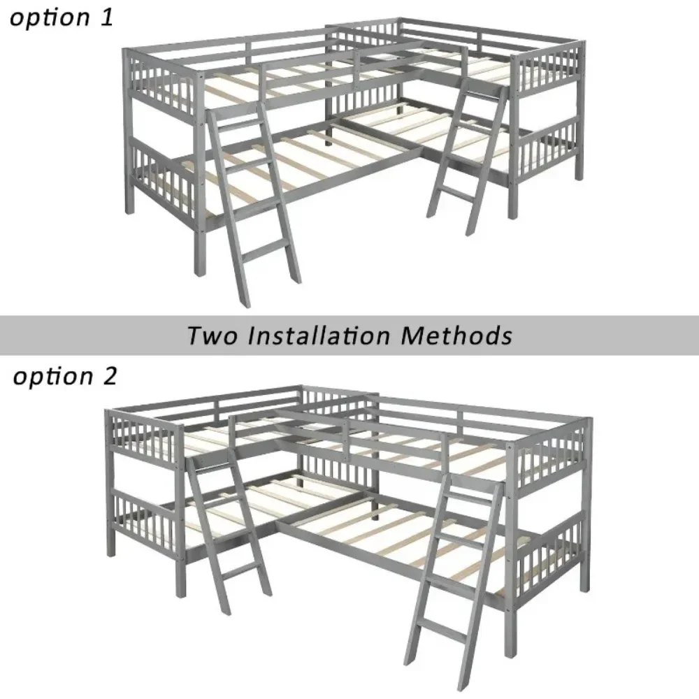 L Shaped Bunk Bed for 4, Quad Bunk Bed Twin Size, Wooden Bunk Bed Frame for Kids Teens Adults - Gray 3