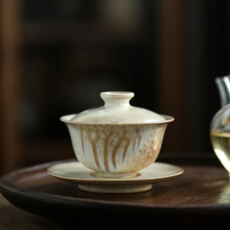 

Jingdezhen Gaiwan Unglazed Bare Kiln Color Changing Fire Mark Gold Thread Pure Imitation Gray Handmade Cover Bowl Kung Fu Tea Se