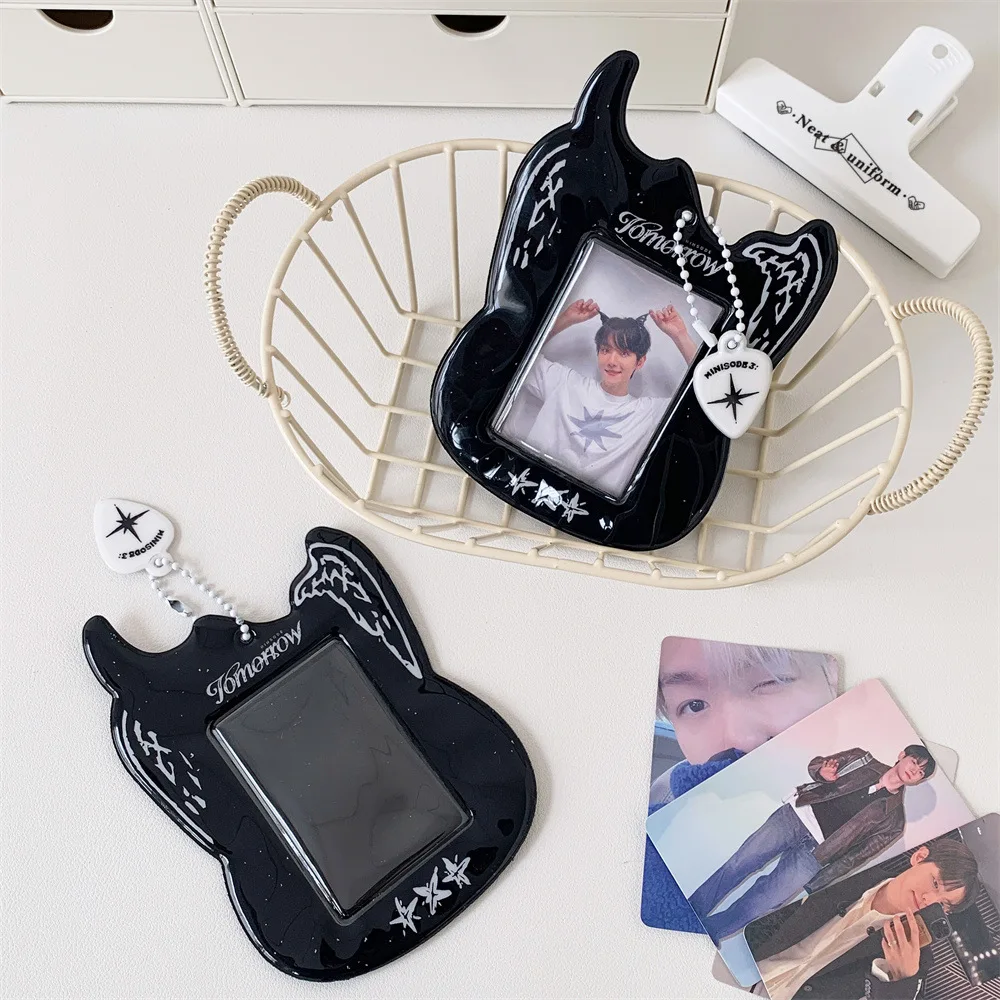 Korean Y2K Black Cool Guitar PVC Card Holder Kpop Idol 3-inch Photocard Hollow Display Pendant Bag Keychian ID Bus Card Case