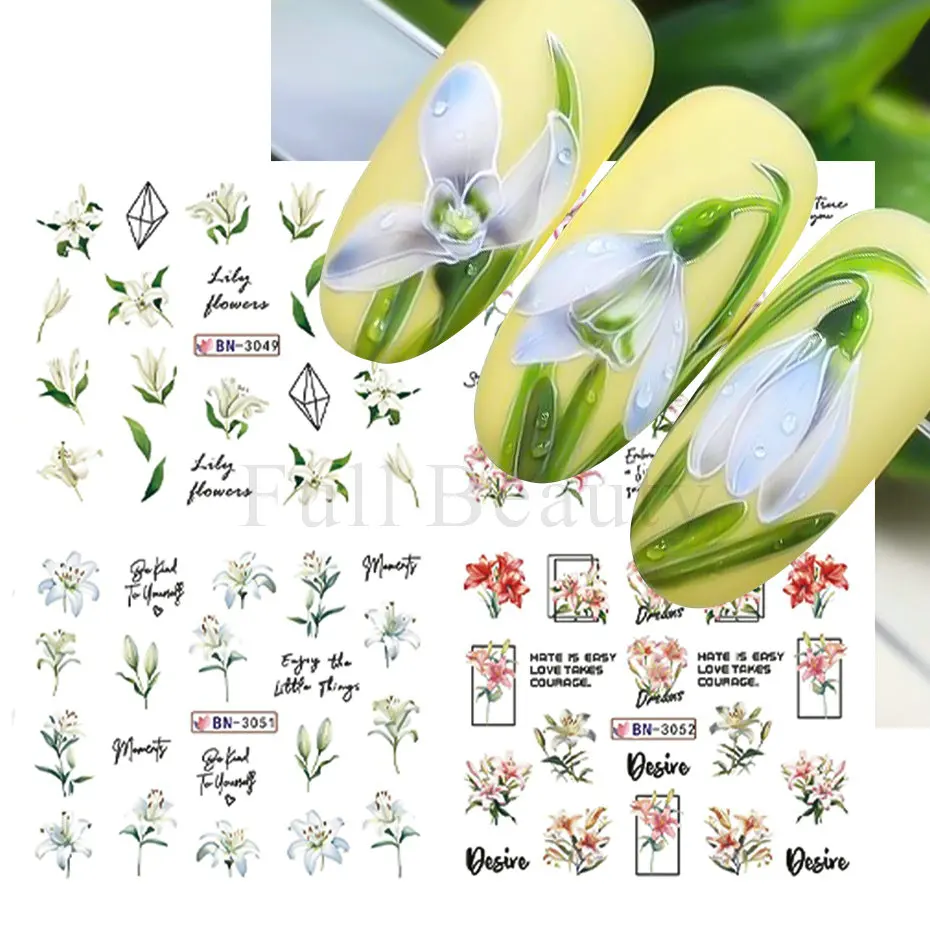 12pcs Lily Floral Water Transfer Decals Stickers Spring Watercolor Flower Green Leaf Nails Art Decoration Summer Manicure Slider