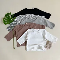 2025 Autumn New Baby Long Sleeve T Shirt Cotton Boy Striped Bottoming Tops Girl Solid Simple Casual Pullover Infant Clothes 1