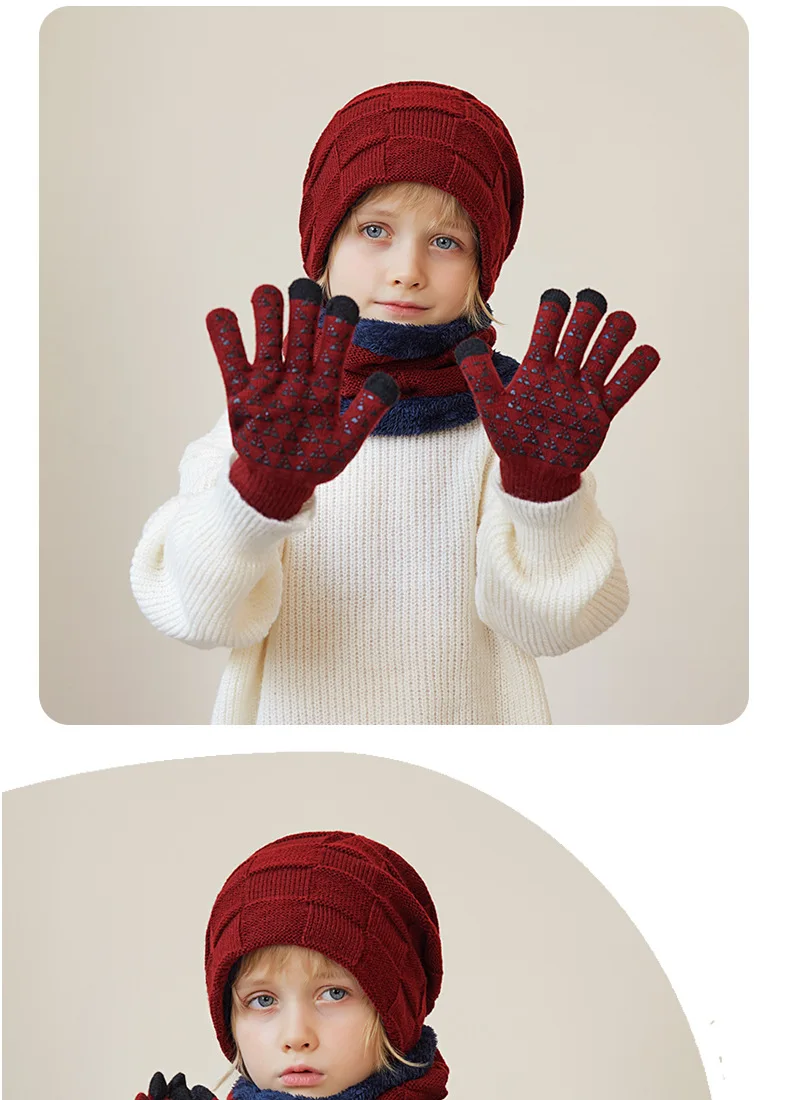 Charmingjolly Kids Warm Suits Hat Scarf Gloves Set 3 in 1 Winter Outdoor Plush Thermal Boys Girls Hats Gloves Scarf Set Kids Knitted Beanie Free Shipping