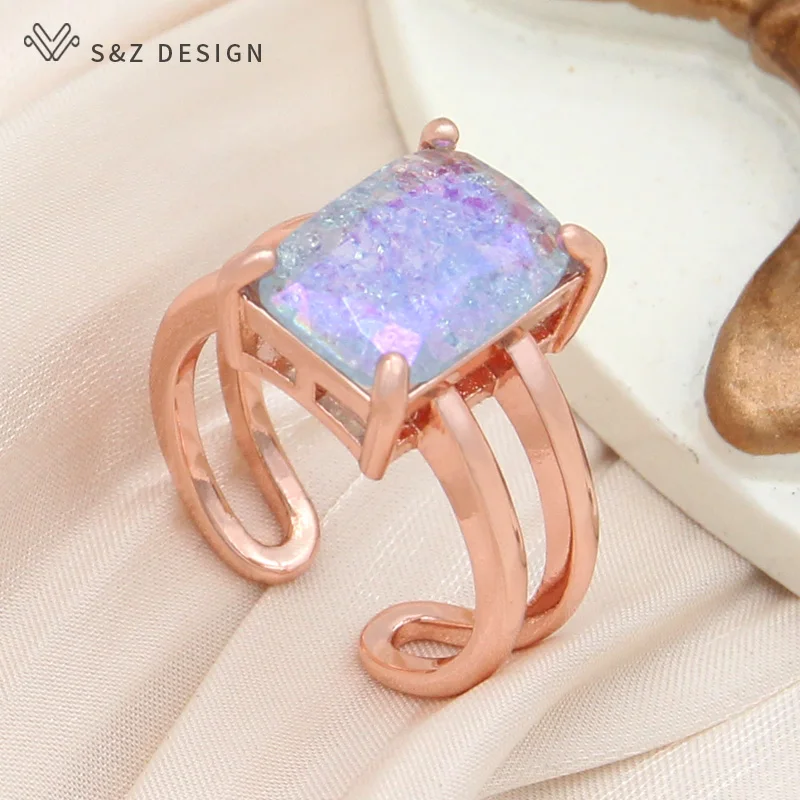 S&Z DESIGN New Fashion Rectangle Ice Crack Crystal Adjustable Rings For Women Wedding 585 Rose Gold Color Stylish Jewelry Gift