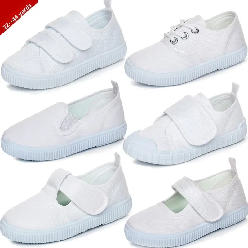 Boys Canvas Shoes Kindergarten Schools White Shoes Children Student White Cloth Shoes Girls Shoelaces Velcro Neutral Solid Color - 4