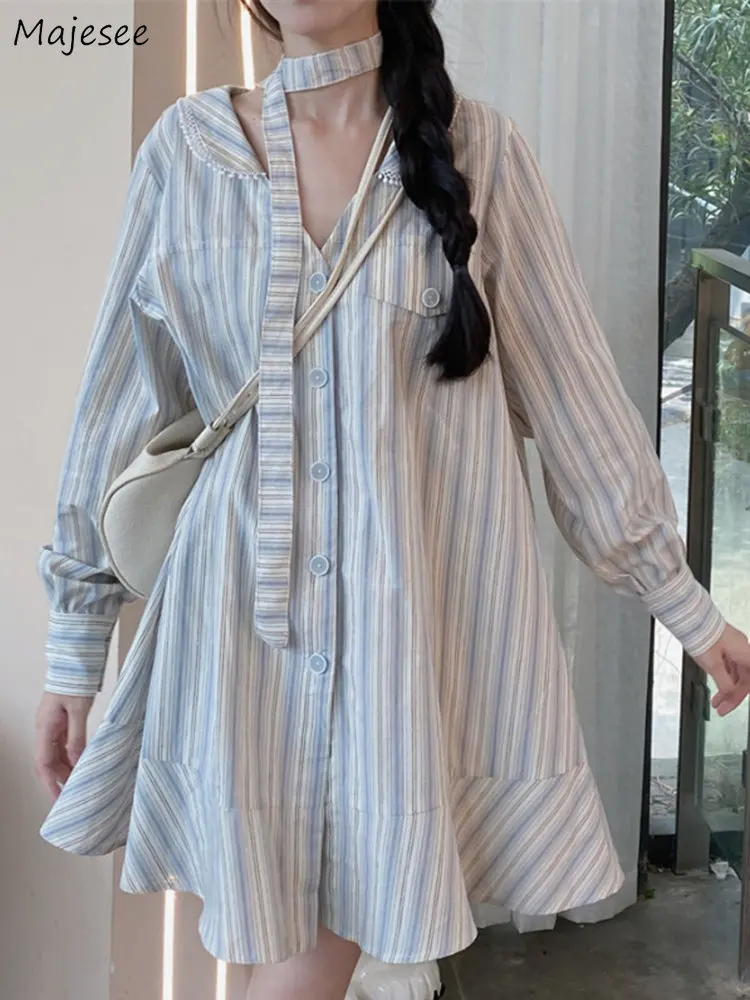 

Striped Dresses for Women Spring Loose Sweet Preppy Style Simple All-match Mini Casual Ins V-neck Korean Fashion Students Tender