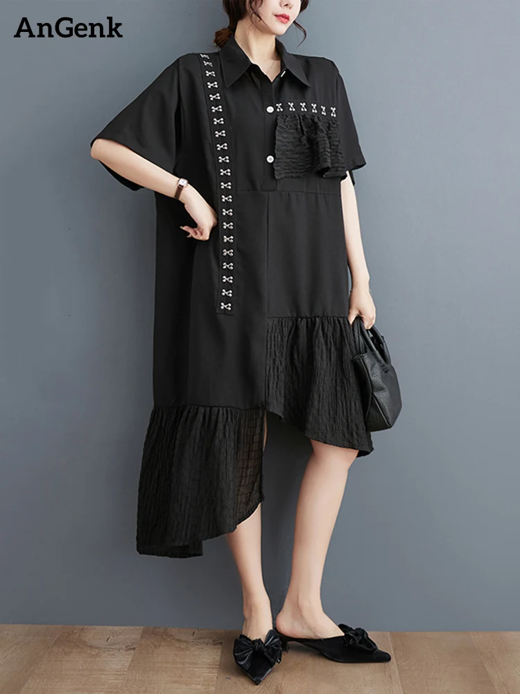 

Irregular Patchwork Pleated Black Vintage Dresses For Women Short Sleeve Loose Casual Dress Fashion Elegant Clothes Summer 2023