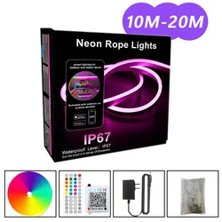Bluetooth Music Sync RGB Neon LED Strip - Waterproof Lighting for Indoor & Outdoor Decor, EU Plug (20M - 65.6ft)