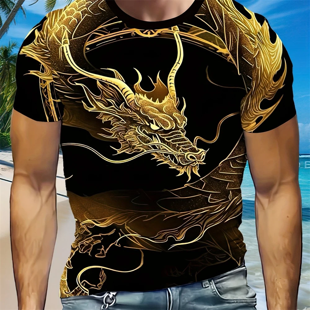 3D Digital Animation Style Roaring Dragon Pattern Round Neck Short Sleeve T Shirt Fashion Cool Men's Summer Streetwear Tops 5