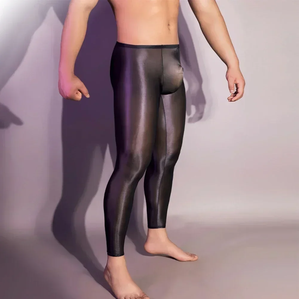 Men Leggings Ultra Thin Oil Shiny Tight Elastic Transparent Pouch Underwear Pants Skinny Trousers