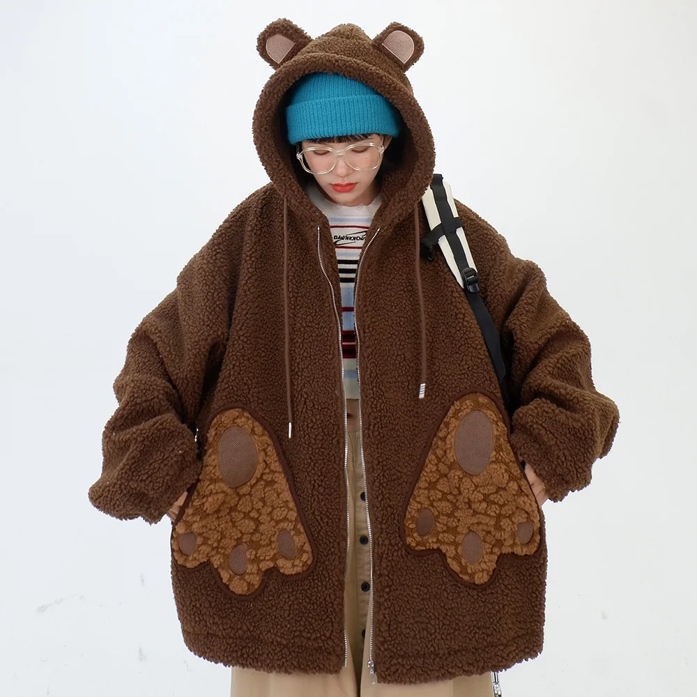 

Женские хлопковые куртки с капюшоном и мультяшным медведем, новинка 2023, зимняя Свободная блузка, шерстяные пальто