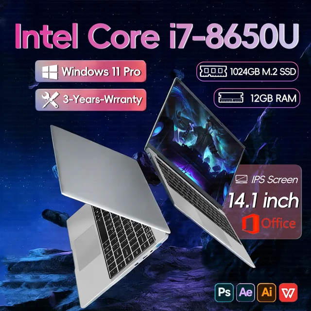Ordinateur portable 14,1 pouces, Intel Core i7 8650U Dual Core, 12 Go de RAM, SSD 512 Go/1 To/2 To, Windows 11, PC portable gamer 1
