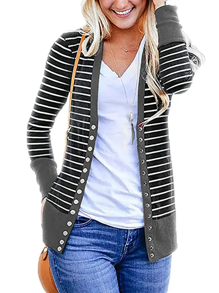 2026 Frühling Neuerscheinung Europäischer & Amerikanischer Pendler-Casual Kontrast-Trim Gestreifter Strick-Cardigan für Damen, V-Ausschnitt – Detail 1