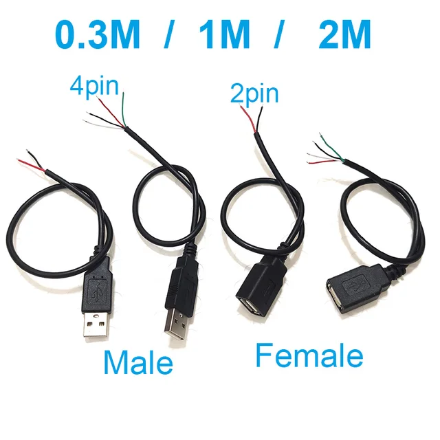 5V USB 0.3M 1M 2M 2 Pin 4pin 2 Wire DIY usb Male Female Jack Connector Cable Power Charge Extension Cable Cord Connector Adapter