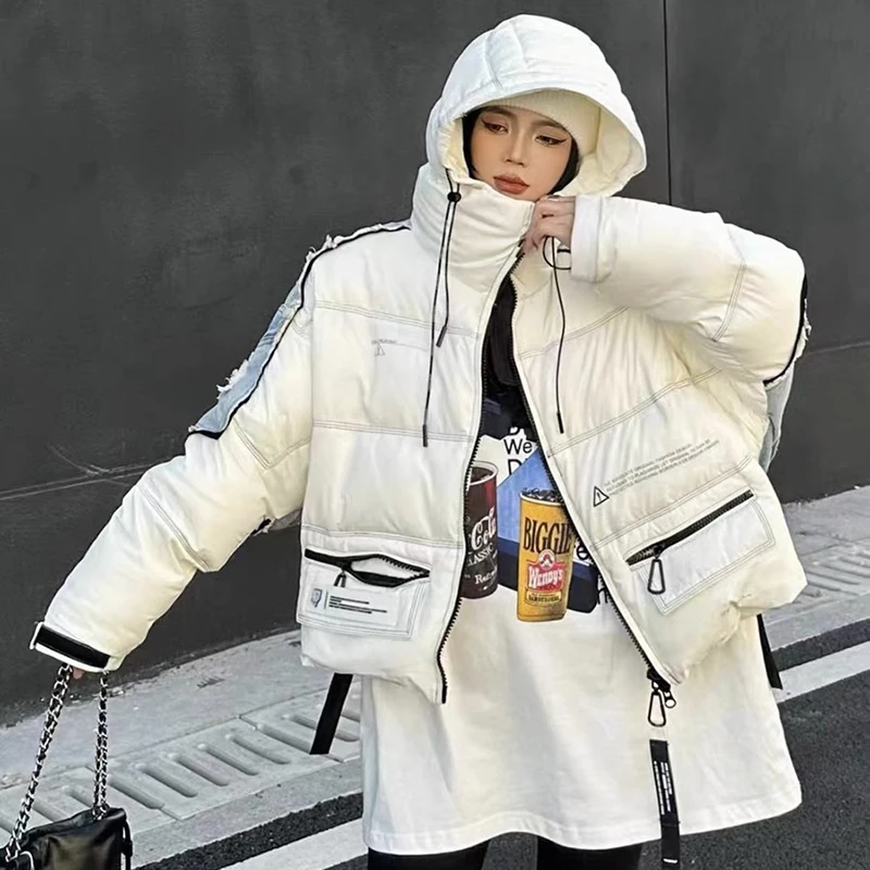Women Thickened White Duck Down Jacket Trendy Denim Splicing Down Jacket Short Section Hooded Color Collision Parker Jacket Coat