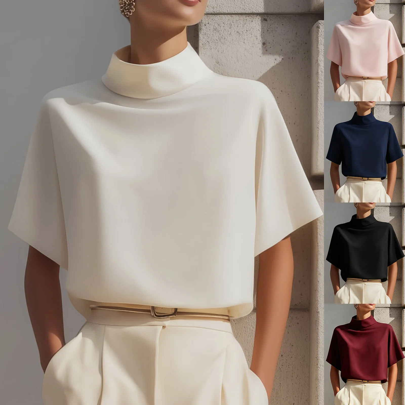 Elegantes Pendler-Style Hemd mit chinesischem Stehkragen für Damen – Neues Design für den Sommer aus weicher Seide und Polyester mit kurzen Ärmeln