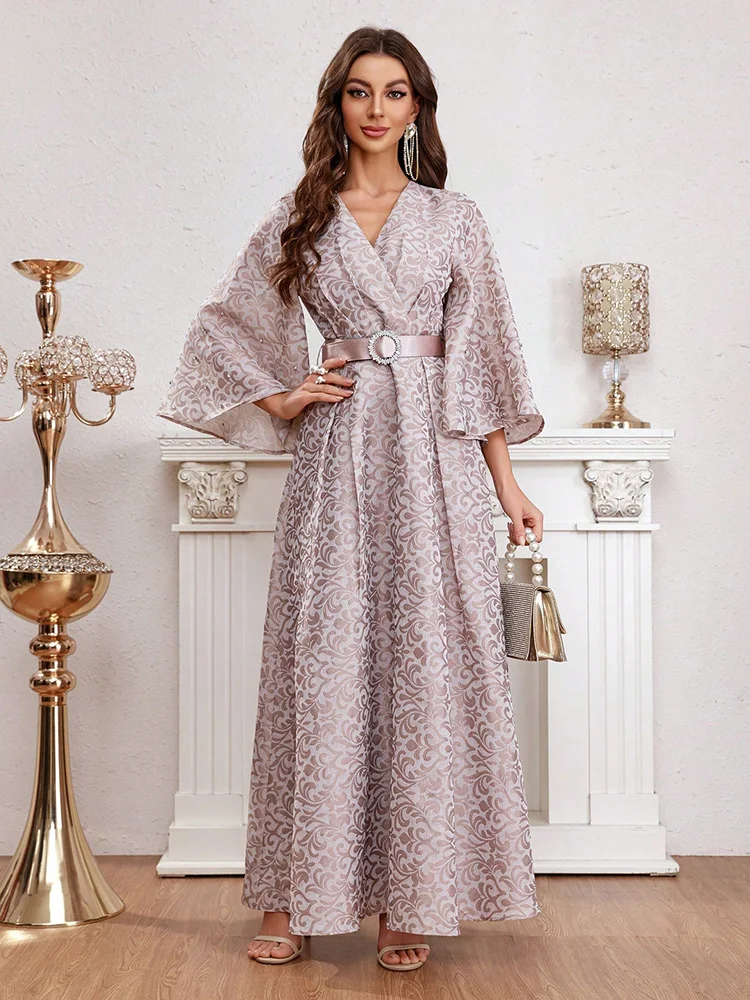 

TOLEEN 2024 Women Summer All Over Print Flare Sleeve Waist Belted Wrap Dress Luxury Elegant Arabian Party Evening Long Dresses
