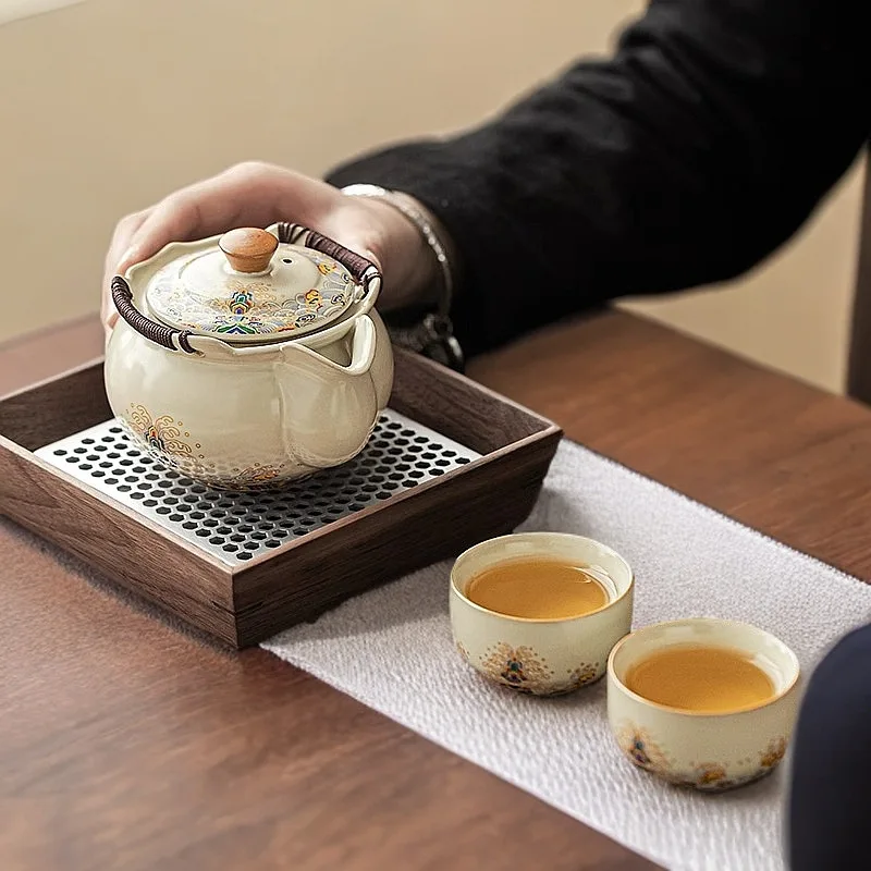 Beigefarbene, handliche Tasse mit Deckel, hitzebeständige Schüssel für eine Person, kleines Tee-Set_voghion.com