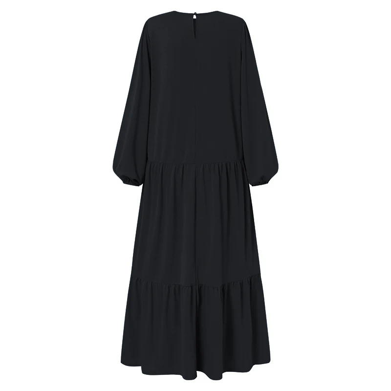Ramadan Solid Ruffle Hem Abaya, Elegant Puff Sleeve Maxi Length Dress, Women's Clothing