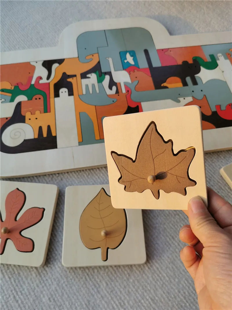 Kids Wooden Educational Animals Noah's Ark Puzzle Toys Solid Leaves Jigsaw for Baby Early Learning 6