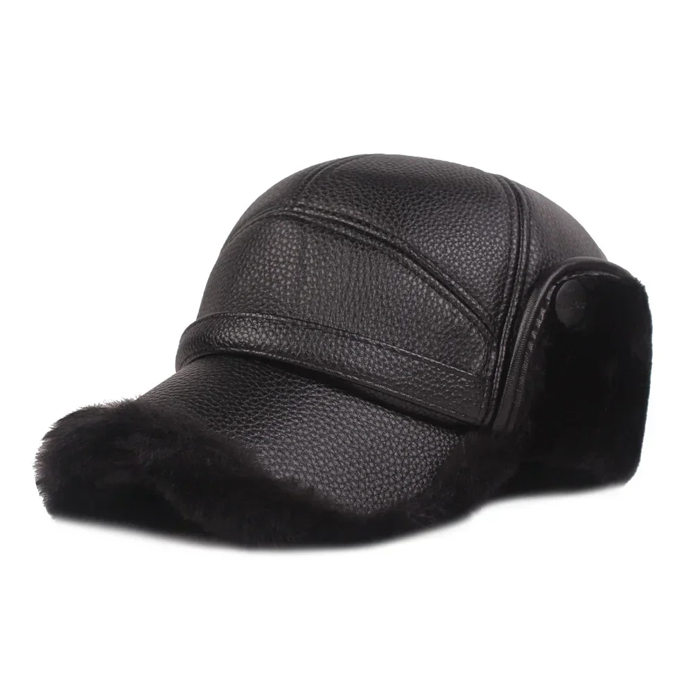 Winter Mens Leather Cap winter hat fur hat earflap hat Warm Baseball Cap with Ear Flaps Thick Fur Caps for Winter Bomber Hats