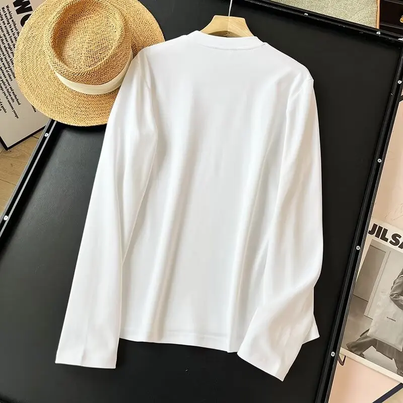 

Dave&DiNordic Minimalist Solid Color Long Sleeved T-shirt Women Round Neck Cotton Casual Tshirts