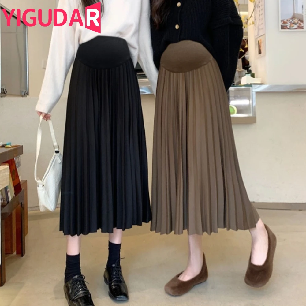 Spring Autumn Knitted Maternity Long Skirts Elastic Waist Belly A Line Swing Clothes for Pregnant Women Casual Pregnancy