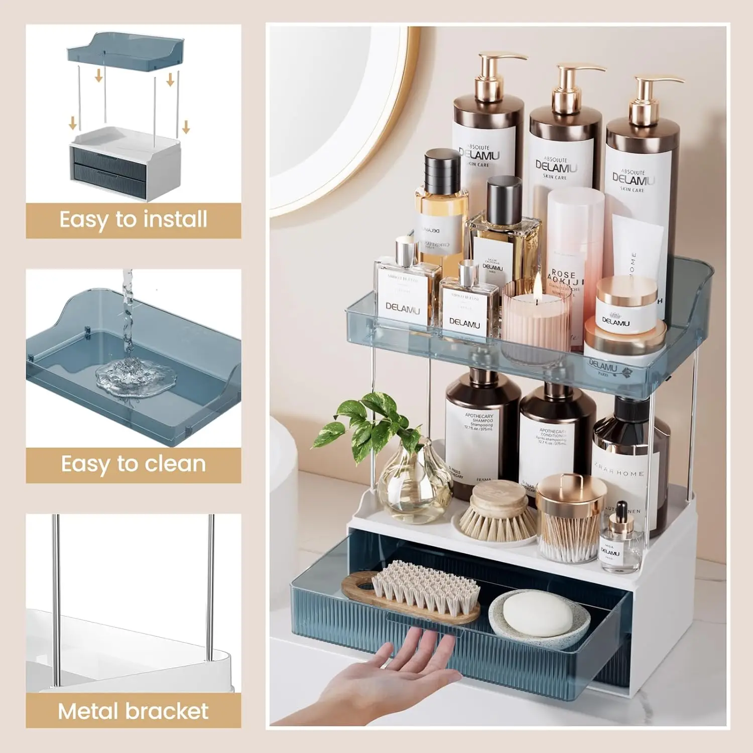 Bathroom Organizers and Storage, 2-Tier 2-Drawer Makeup Organizer Countertop,Ideal for Bathroom Storage, Vanity, Large Skincare