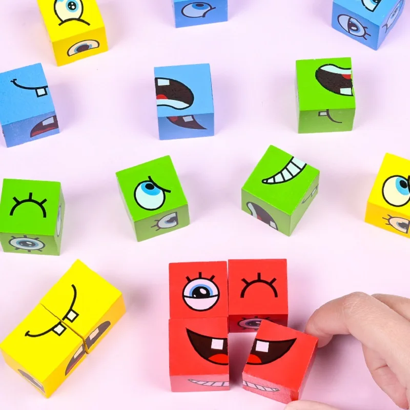 Kids Montessori Toys DIY Face Emoticon Change Cube Wooden Blocks with 64 pcs Cards Learning Education Toy 3