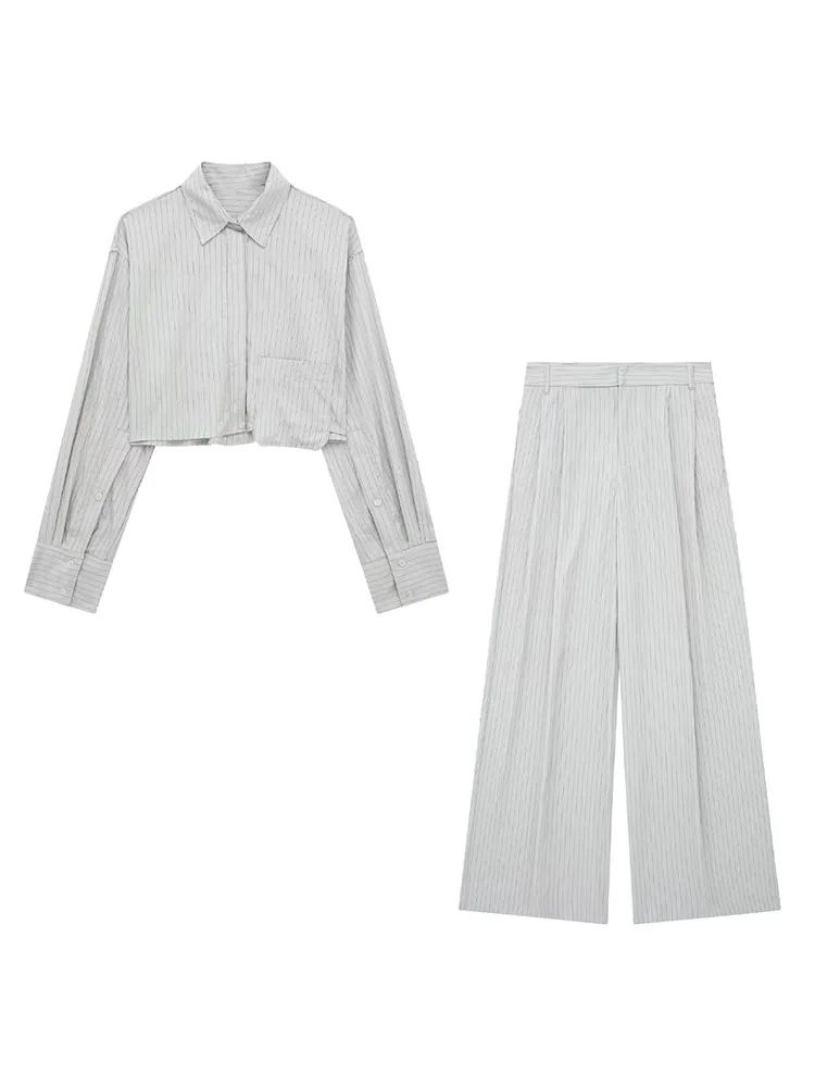 

Женская укороченная блузка в полоску, повседневная винтажная рубашка на пуговицах с длинным рукавом и декоративными карманами, 3067/025