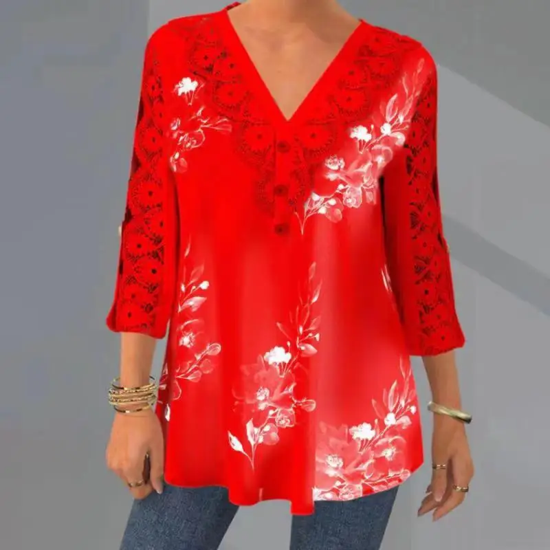 

Women's Shirt Top Printed Lace V-Neck Loose Sever-quarter Sleeve Casual Women Shirt V-neck Loose Casual Summer Solid Color