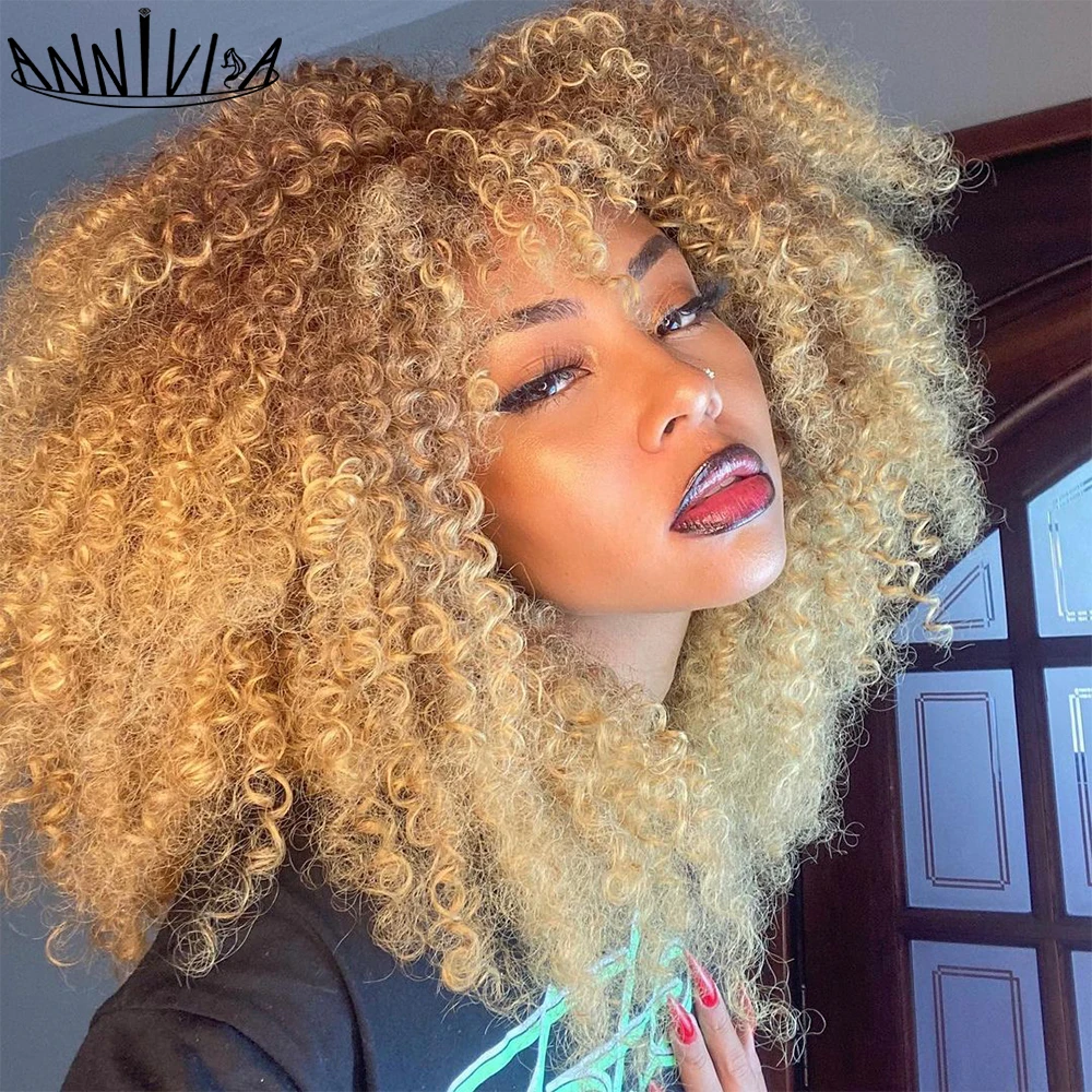 16 Inch Curly Afro Wigs For Black Women Short Kinky Curly Wigs With Bangs Brown Afro Hair Synthetic Fibre Glueless Cosplay Hair