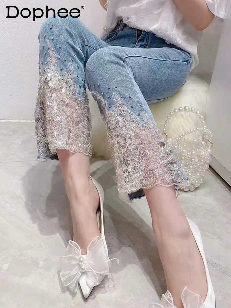 

Court Style Heavy Industry Beads Jeans Women Spring Summer 2024 New Cotton Sweet Flared Pants Stretch Slim High Waist Jeans