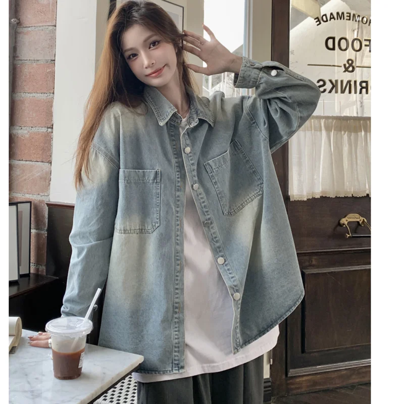 

2023 Spring Women's Jacket Loose Large Version Shows Thin Retro Gradient Denim Versatile Free Shipping