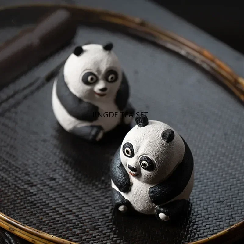 6.9X8.5X7.2CM Yixing Purple Clay Tea Pet Handmade Carving Cute Panda Statue Craft Tea Set Decoration