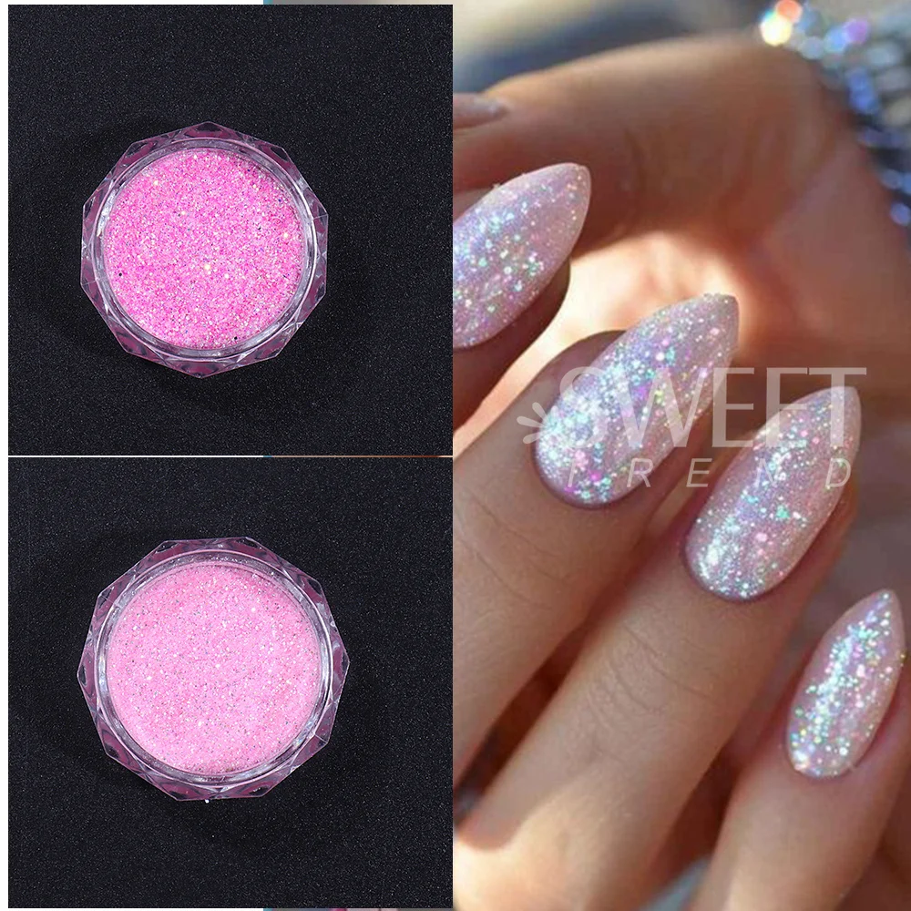 8pcs/set Pink Sugar Glitter Nail Powder Mixed Holographic Hexagon Irregular Nail Art Flake Sequins Pigment Manicure Decoration