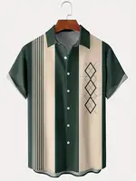 2024 Summer New Trendy Hawaiian Fashion Shirt with Retro Bowling Ball Geometric Print Men's Shirt with Pocket Button Large Cloth 1