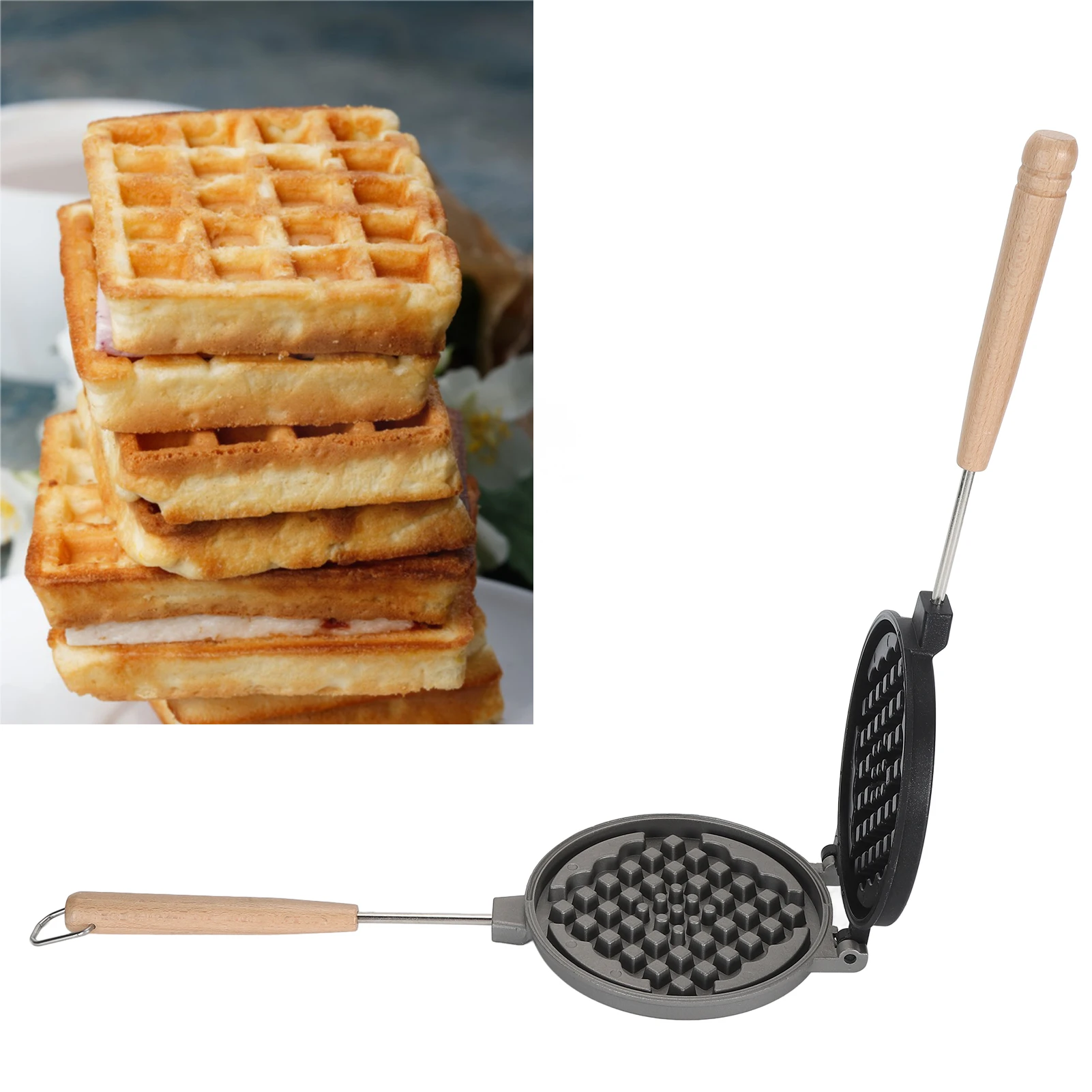 Camping Wraffle Maker Removable Handle Nonstick Waffle Maker Pan Wood Aluminum Alloy Even Heat Distribution Non Stick for Home