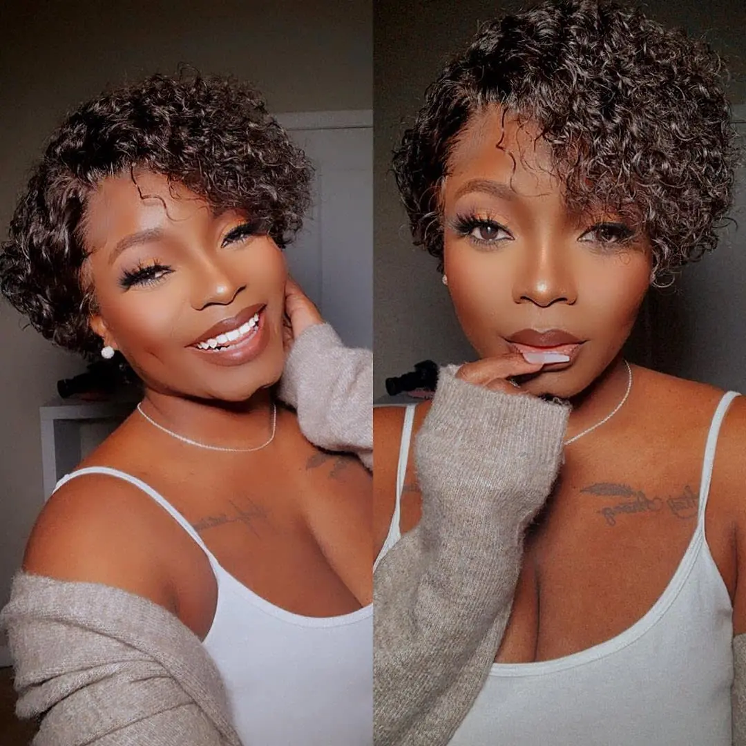 Pixie Cut Short Curly Human Hair Wigs Cheap 13x1 Transparent Lace Wigs Deep Curly For Black Women Natural Color Pre Plucked