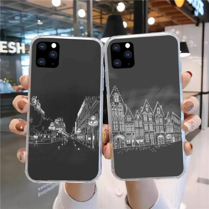 Hand Drawn City Phone Case For Huawei P50 P40 P30 Pro Mate 40 30 Pro Nova 8 8i Y7P Honor Transparent Phone Cover