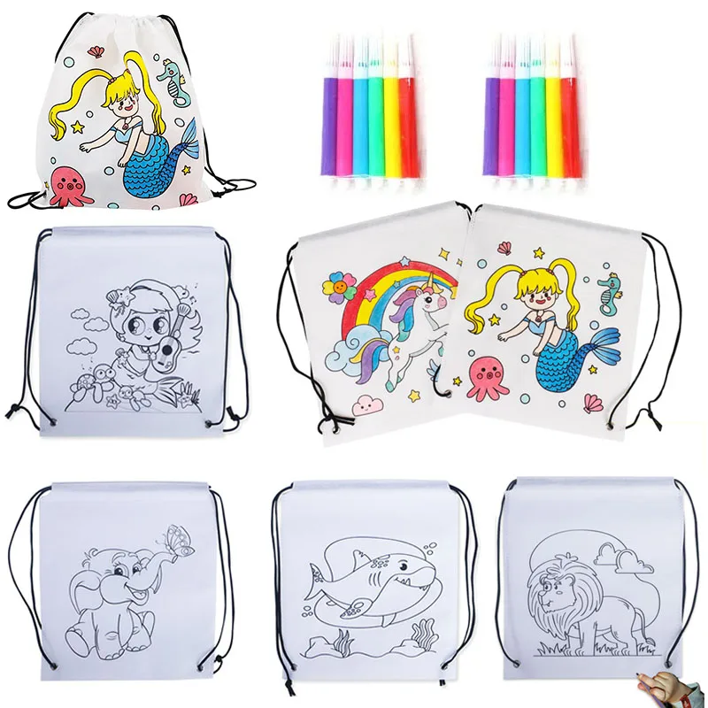 Children's Graffiti Backpack Bag DIY Coloring Painting Toys for Kids Cute Animal Mermaid Non-Woven Drawstring Bag Drawing Crafts Educational Toys Educational Drawing Toy Graffiti Bags