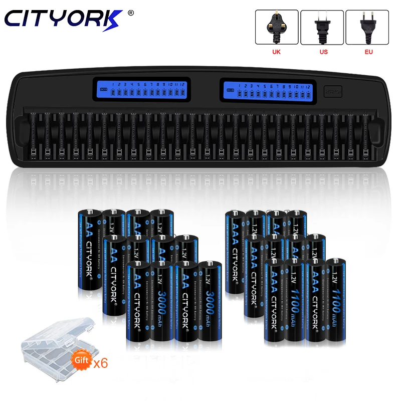 CITYORK 12 Bays/Slots Smart Charger for AA/AAA NI-MH/NI-CD Batteries with Intelligent LCD Display and Discharge Function and Integrated IC Protection and Power Supply Unit