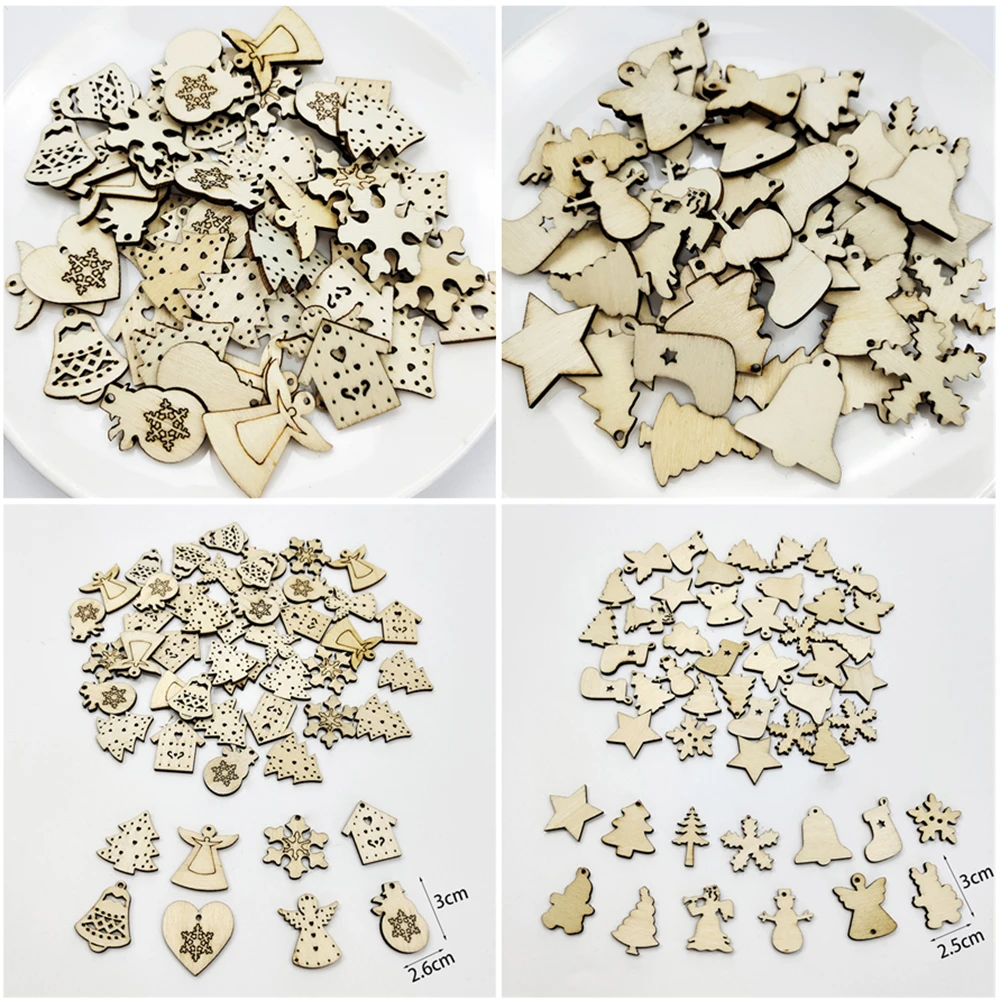 50pcs Christmas Wooden Ornaments - Santa Claus Snowflake Tree Decorations